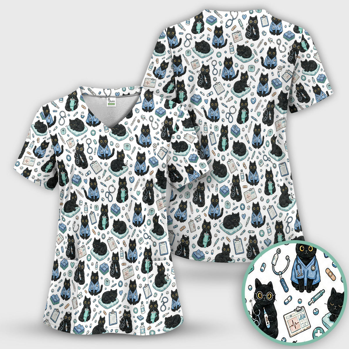 Black Cat Clinic Nurse Scrub Top