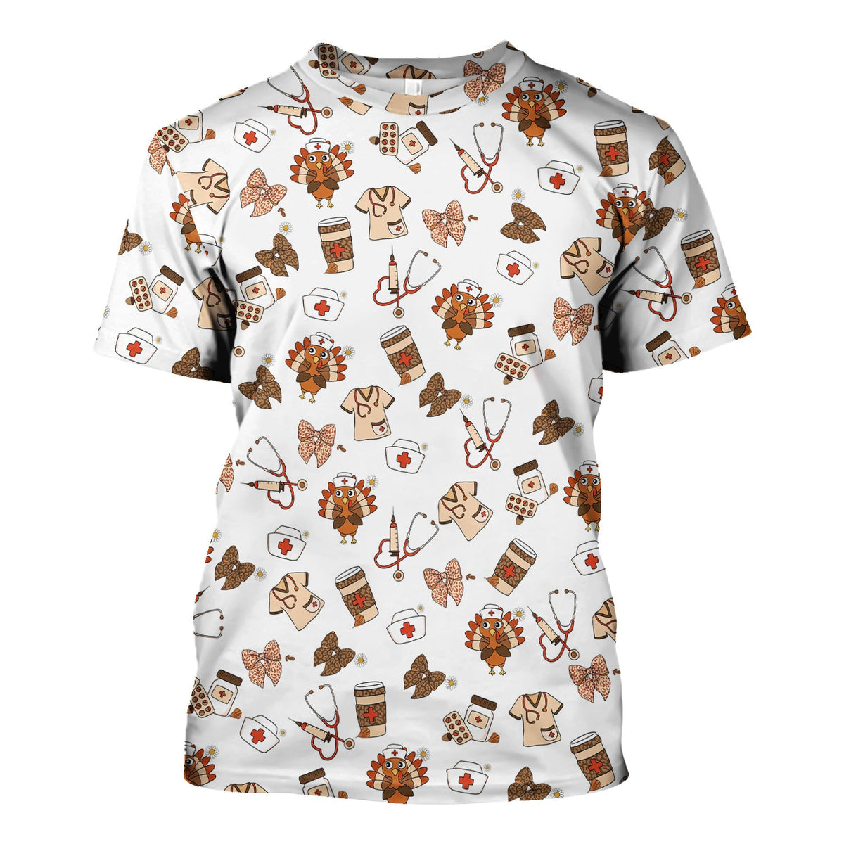 Cute Nurse Fall Season Scrub Top - Thanksgiving Turkey & Stethoscope Medical Design  - Gift for RN LPN CNA