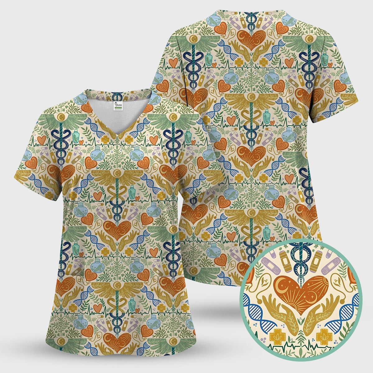 Botanical Caduceus Heart Nurse Scrub Set