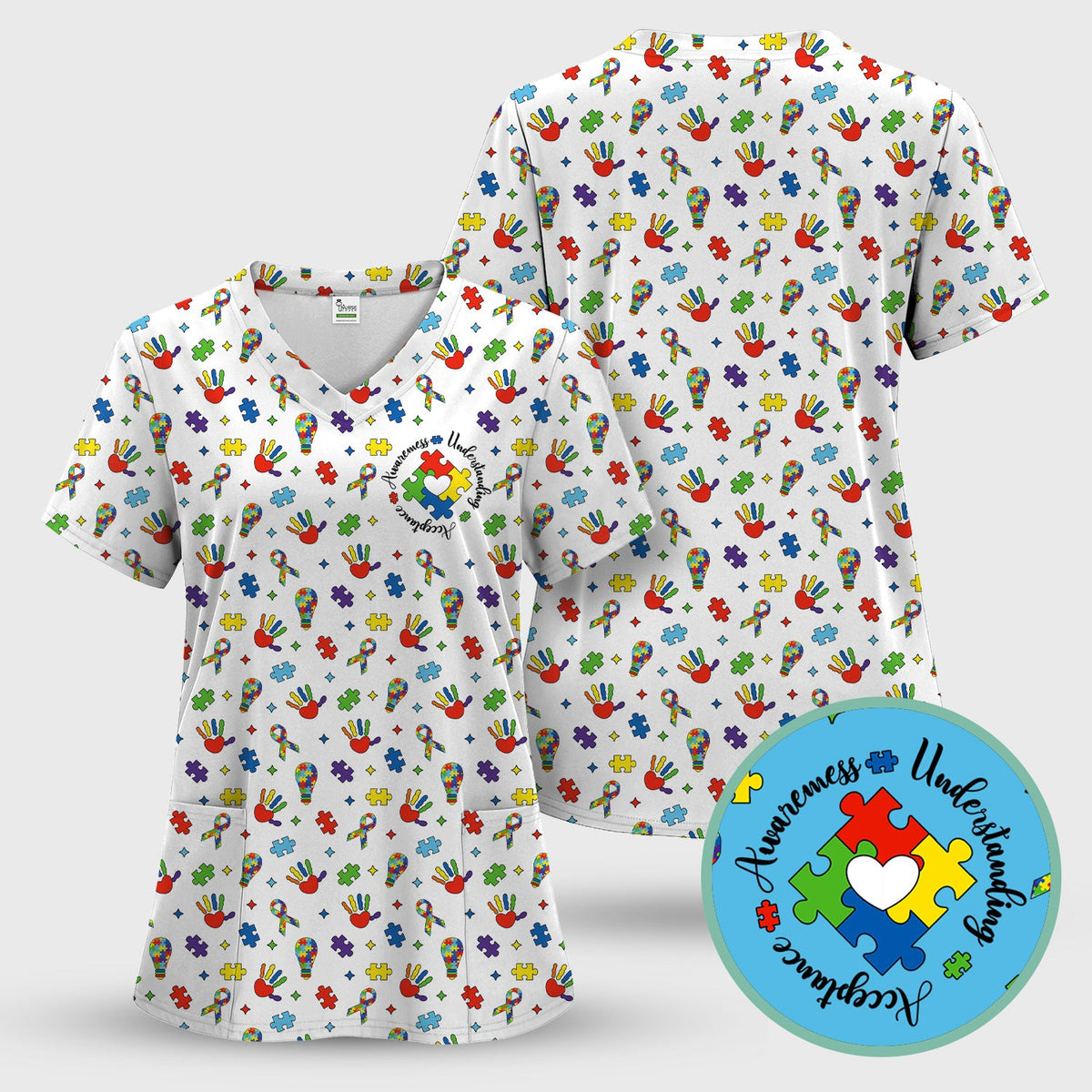 Autism Awareness Colorful Puzzle Nurse Scrub Set
