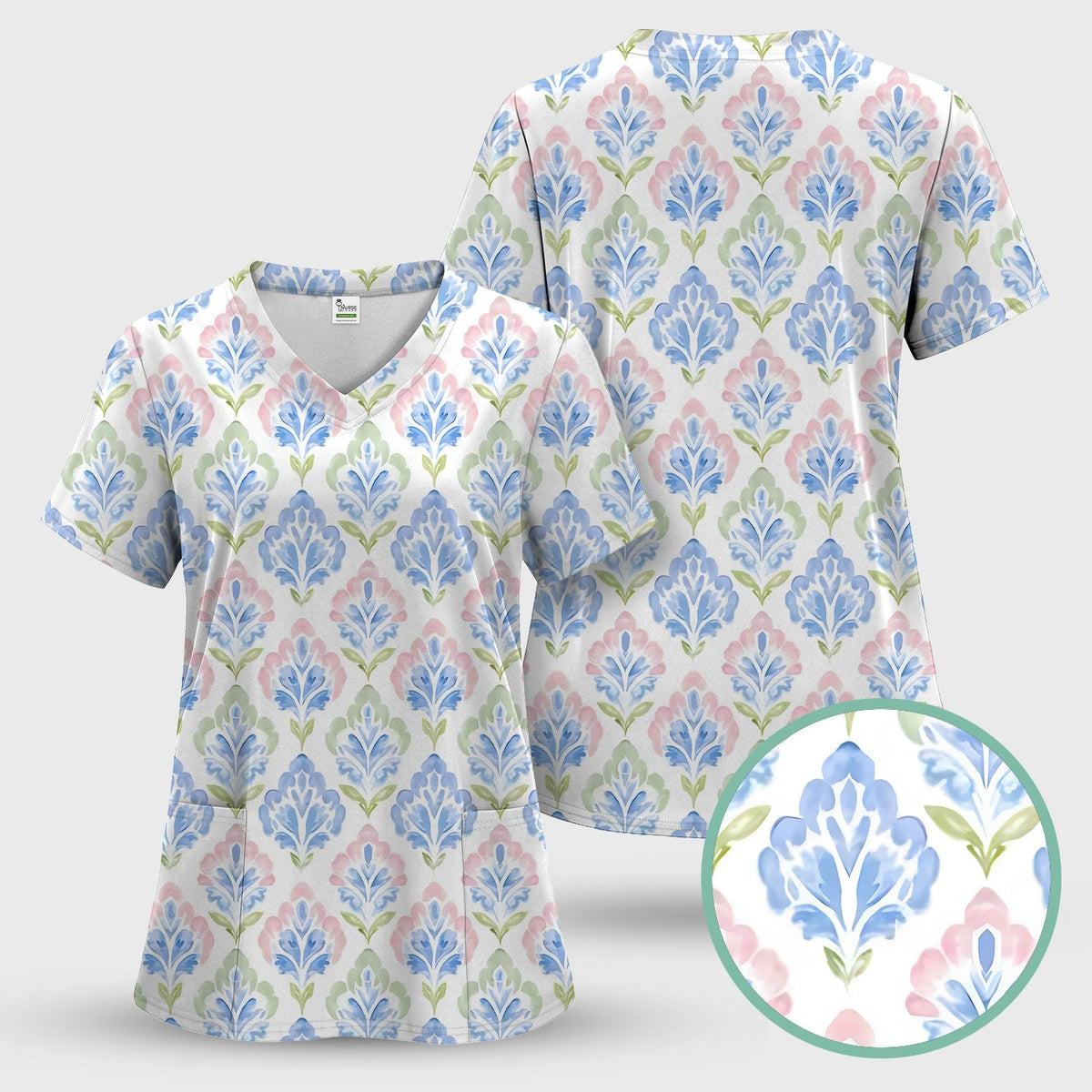 Blue Floral Damask Nurse Scrub Top
