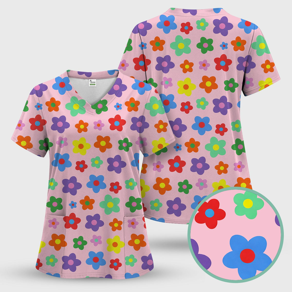 Colorful Retro Flower Nurse Scrub Top