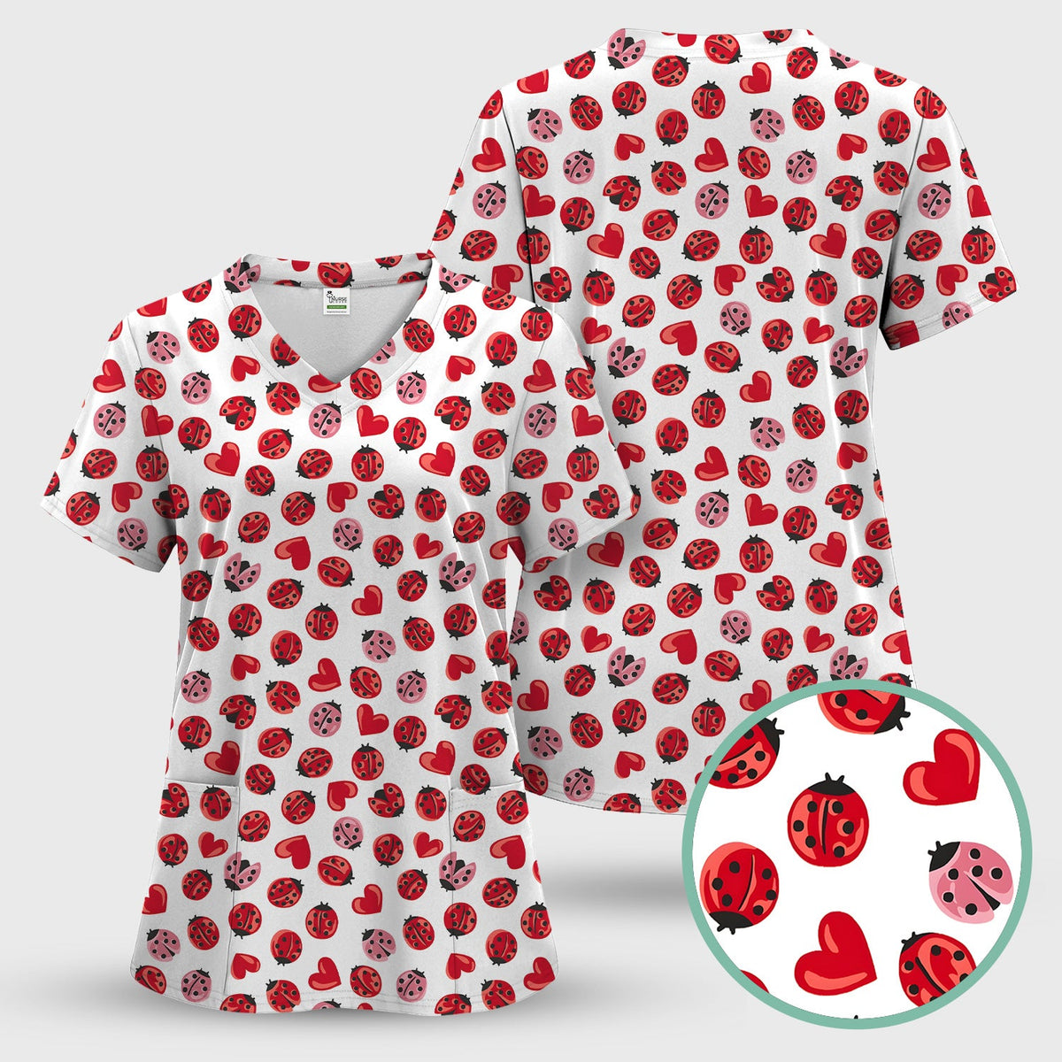 Ladybug Red Heart Nurse Scrub Top