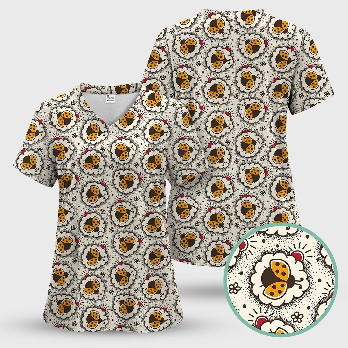 Ladybug Floral Frame Nurse Scrub Top