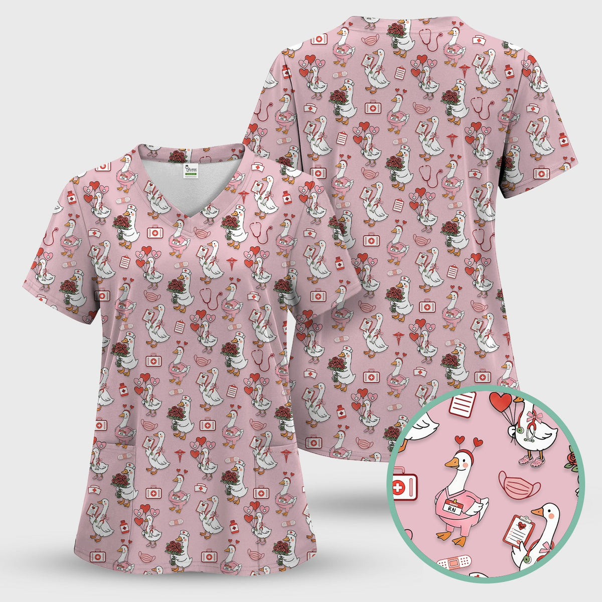 Cute Goose Nurse Medical Pattern Scrub Set, Women's Scrub Sets