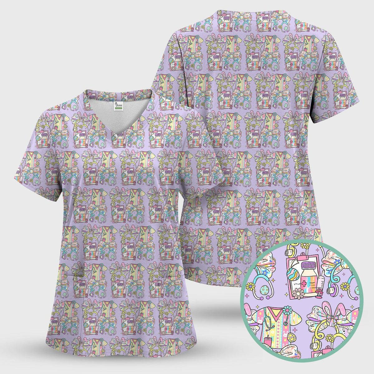 Colorful Nurse Scrub Supplies Pattern Scrub Top, Breathable Fabrics Nursing Uniform