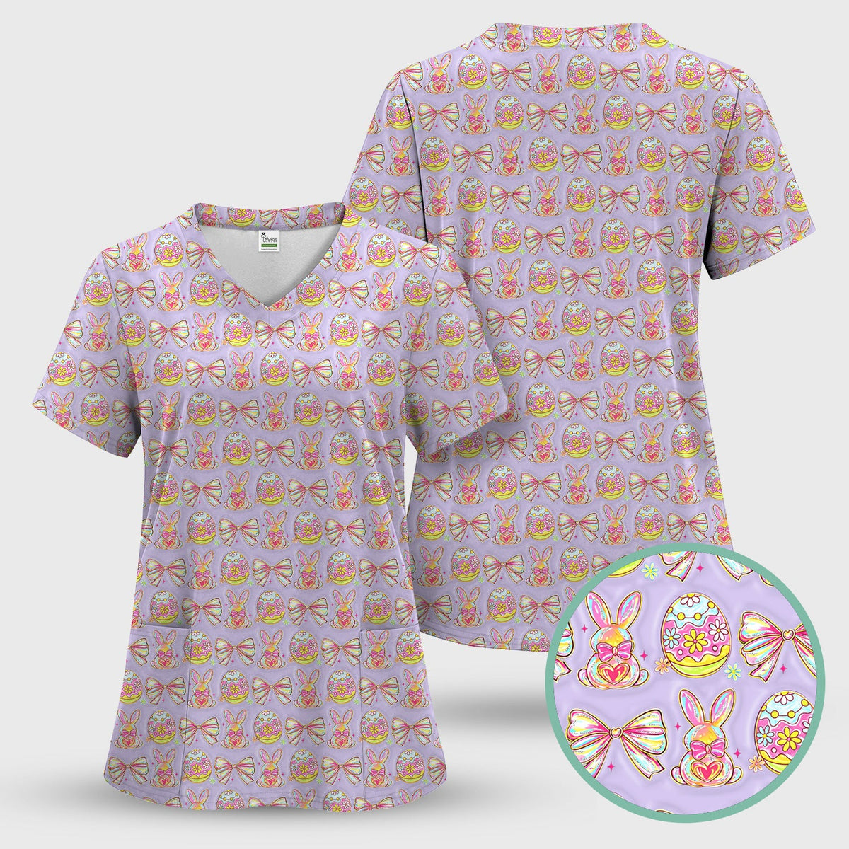 Bunny Pastel Egg Bow Nurse Scrub Set - Easter Gift