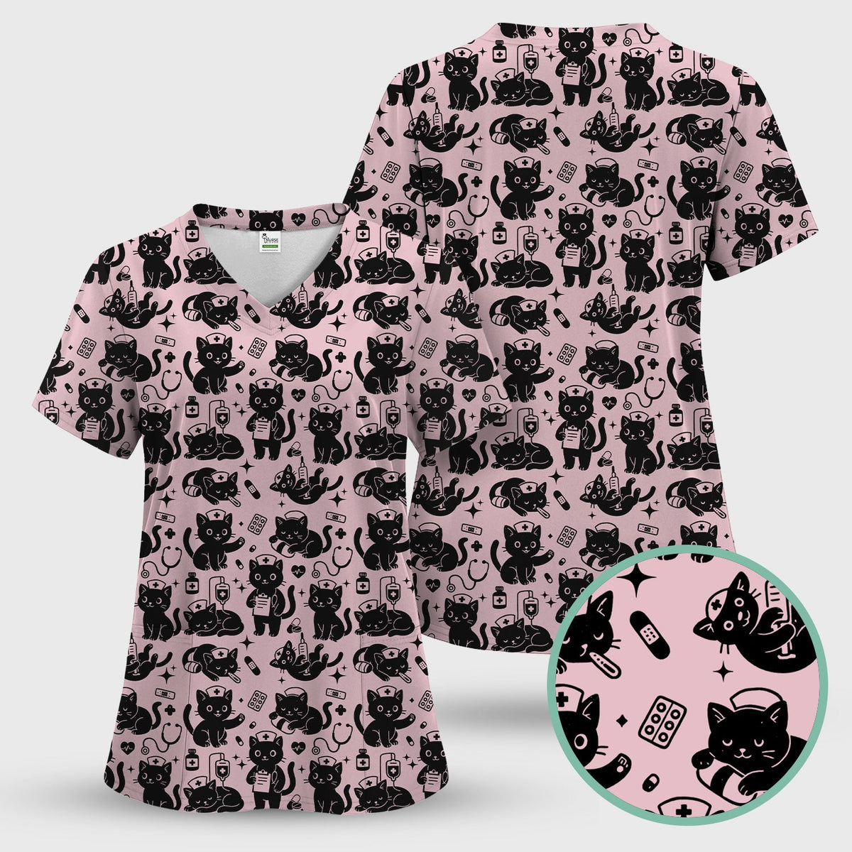 Cute White Black Cat Nurse Scrub Set