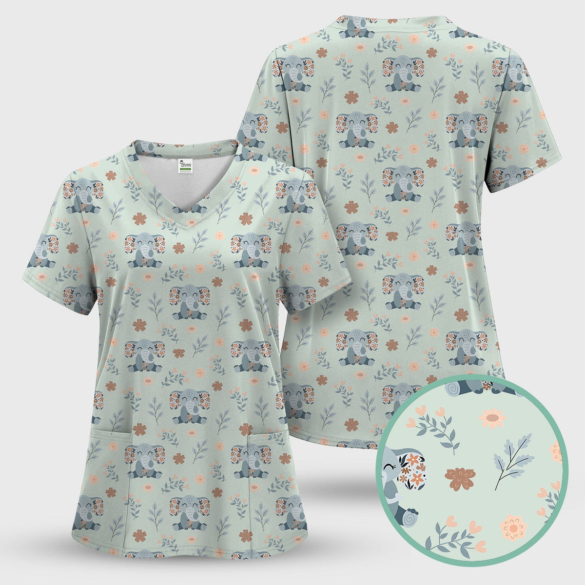 Cute Elephant Floral Print Scrub Set, Scrub Pants and V Neck Top