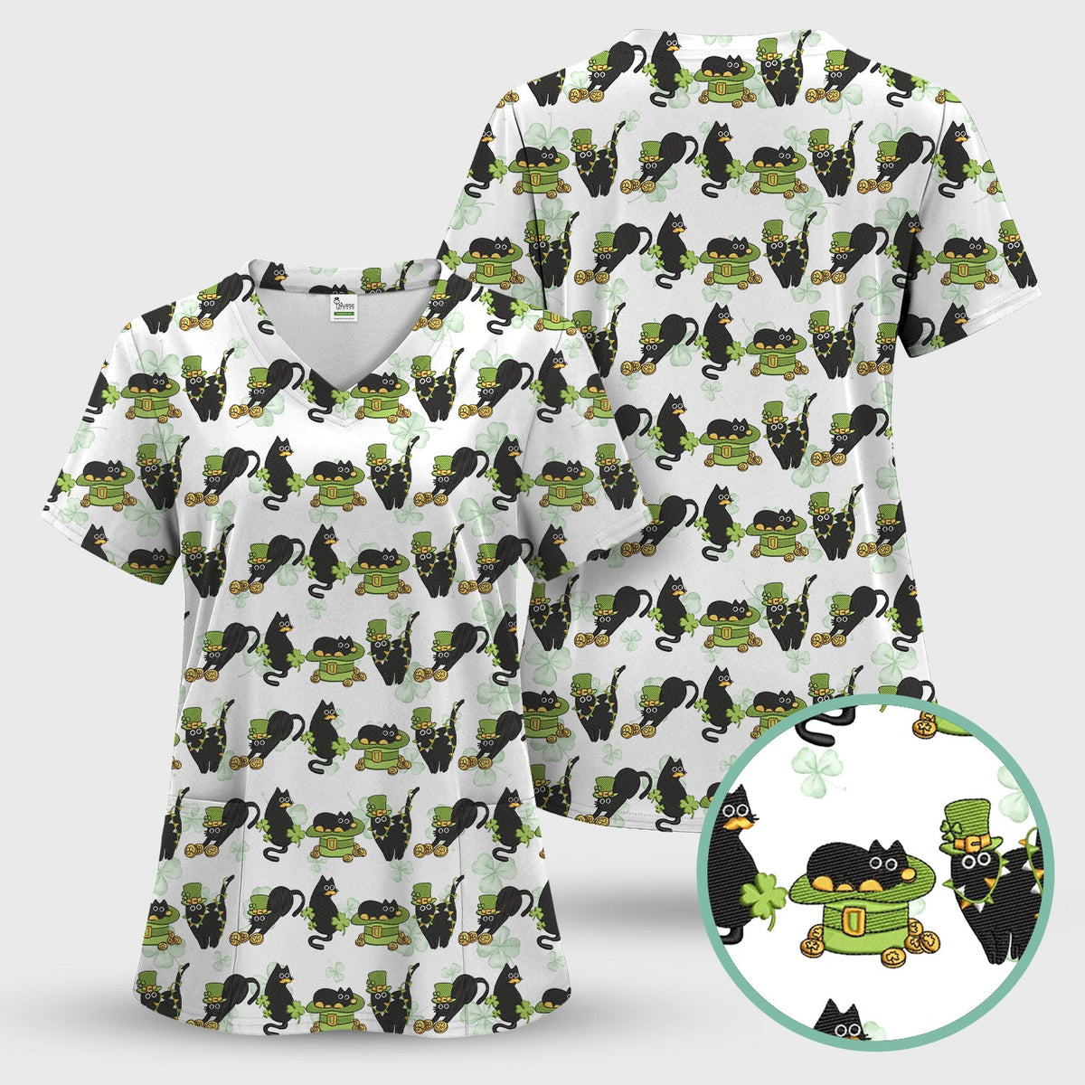 St Patrick Black Cat Clover Nurse Scrub Set