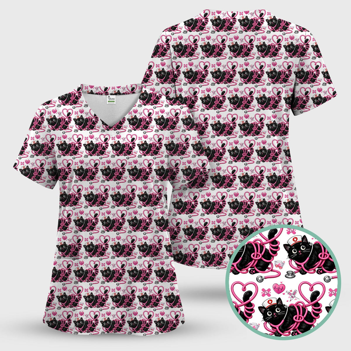 Valentine Cat Nurse Heart Scrub Top
