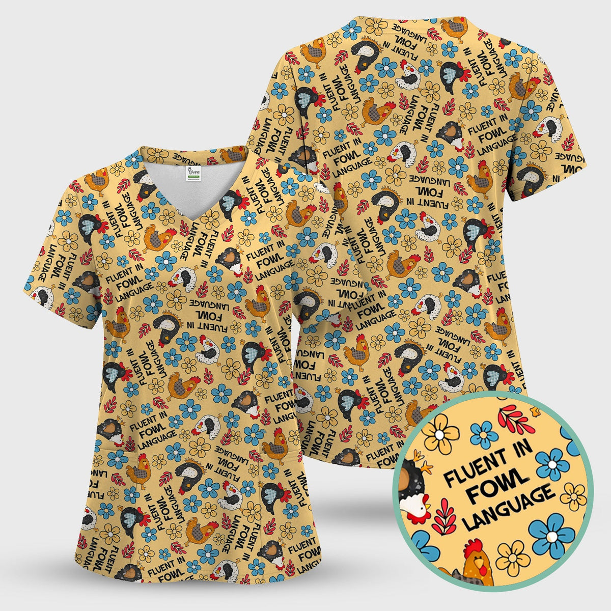 Funny Chicken Fluent in Fowl Language Pattern Scrub Top, Comfortable Scrubs for Nurses