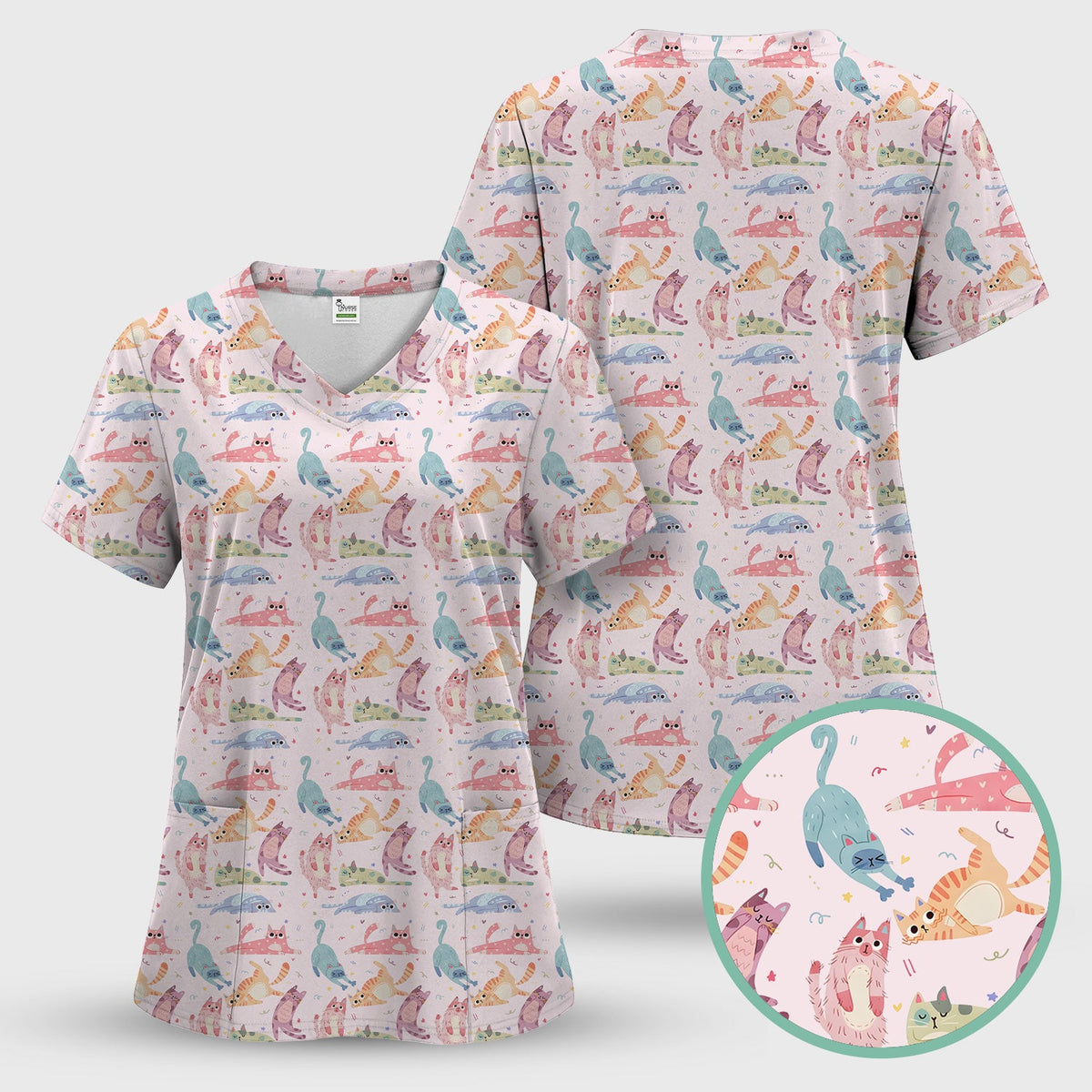 Funny Pastel Cat Pattern Medical Scrub Set, Breathable Fabrics Nursing Uniform