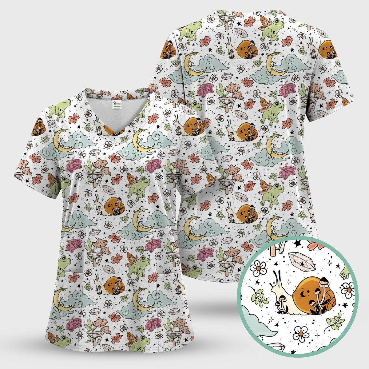 Whimsical Frog Moon Mushroom Nurse Scrub Set