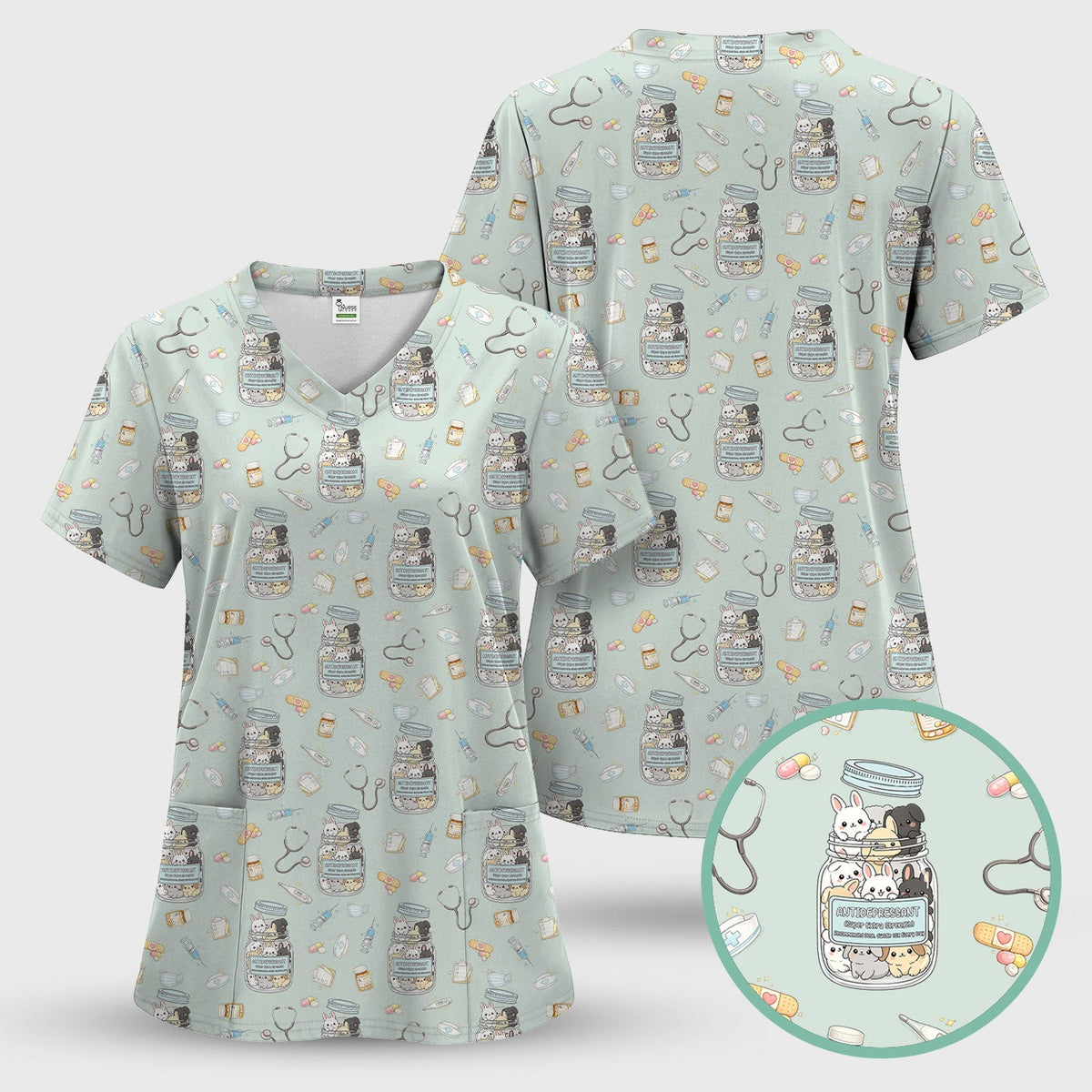 Whimsical Antidepressant Rabbit Jar Nurse Scrub Top