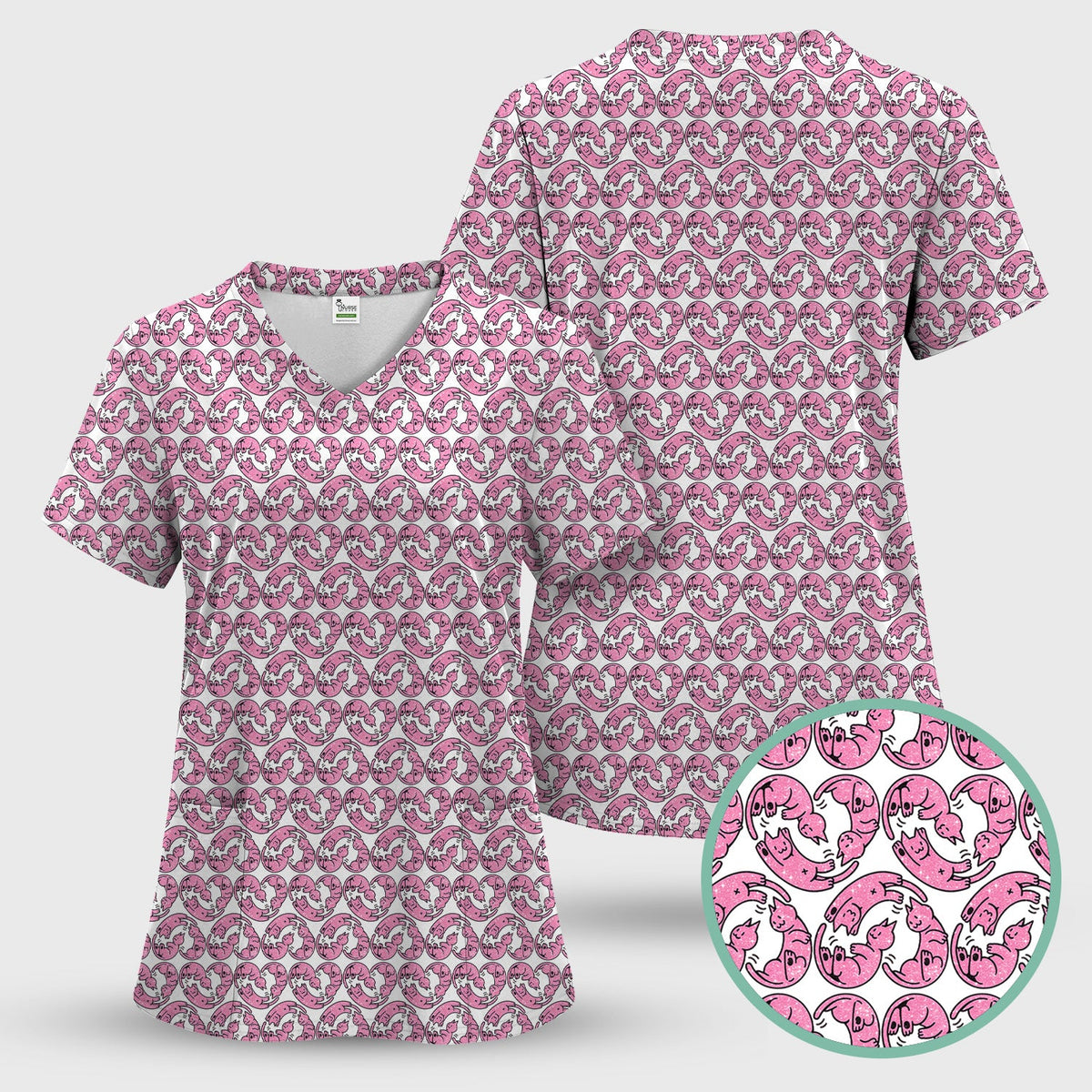 Pink Cat Cartoon Nurse Scrub Top