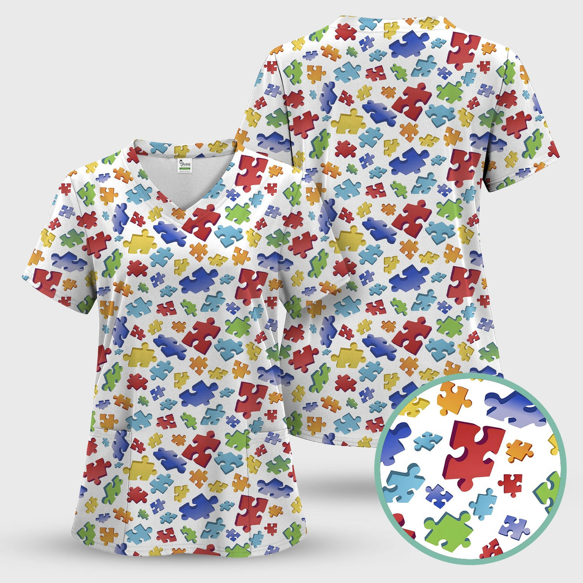 Colorful Scattered Puzzle Piece Nurse Scrub Set