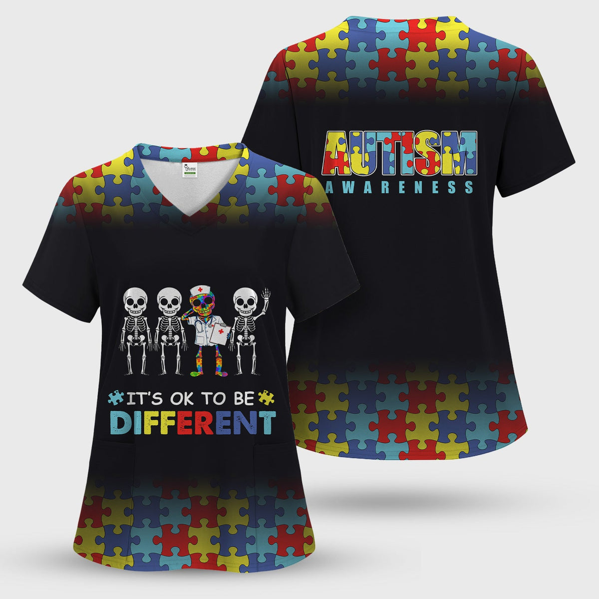 Autism Puzzle Skeleton It's OK To Be Different Nurse Scrub Set