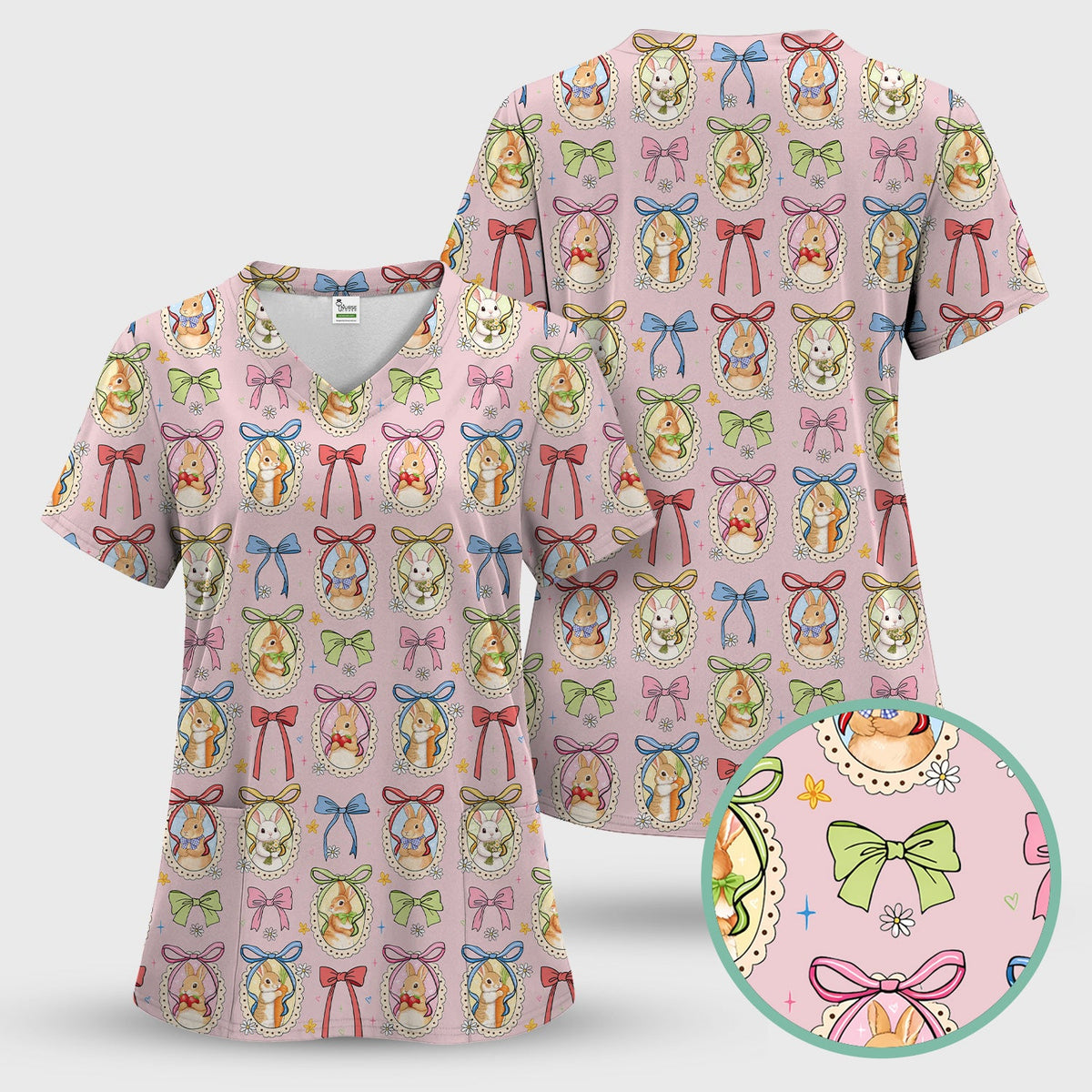 Bunny Cameo Bow Nurse Scrub Top - Easter Gift