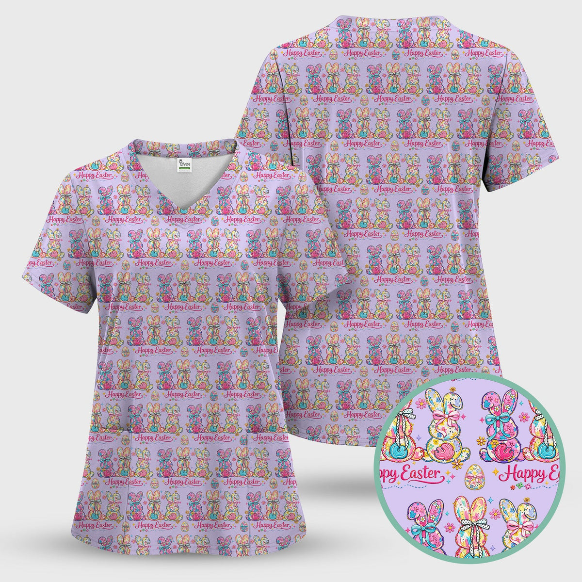 Pink Happy Easter Bunny Pattern Scrub Top, Comfortable Scrubs for Nurses