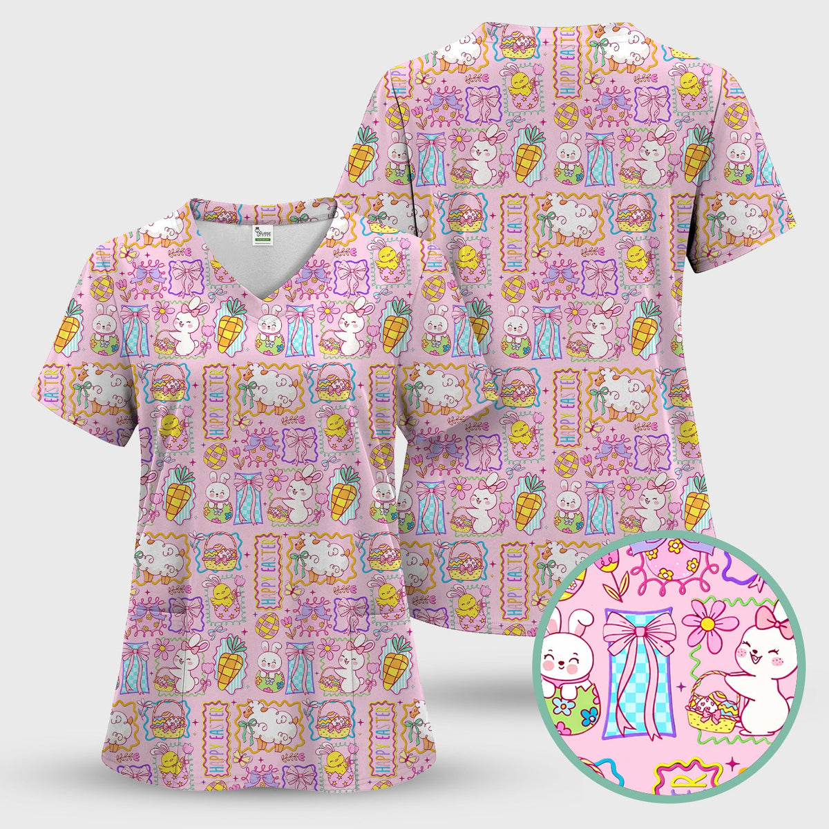 Cute Easter Bunny Egg and Bow Print Scrub Set, Scrub Pants and V Neck Top
