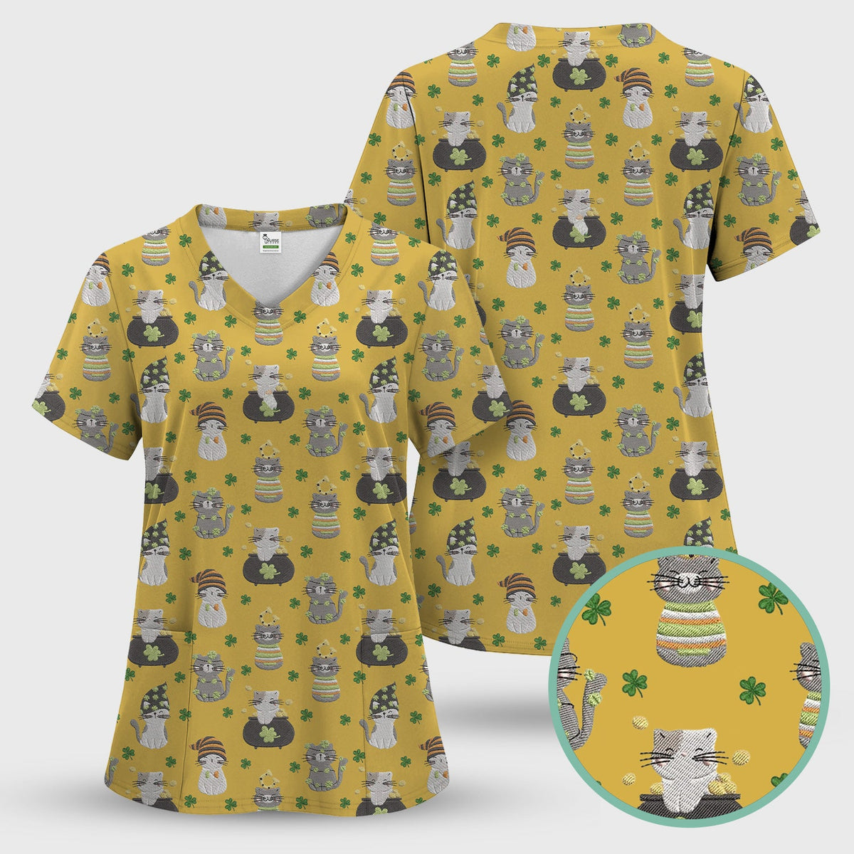 St Patrick Lucky Cat Shamrock Nurse Scrub Set