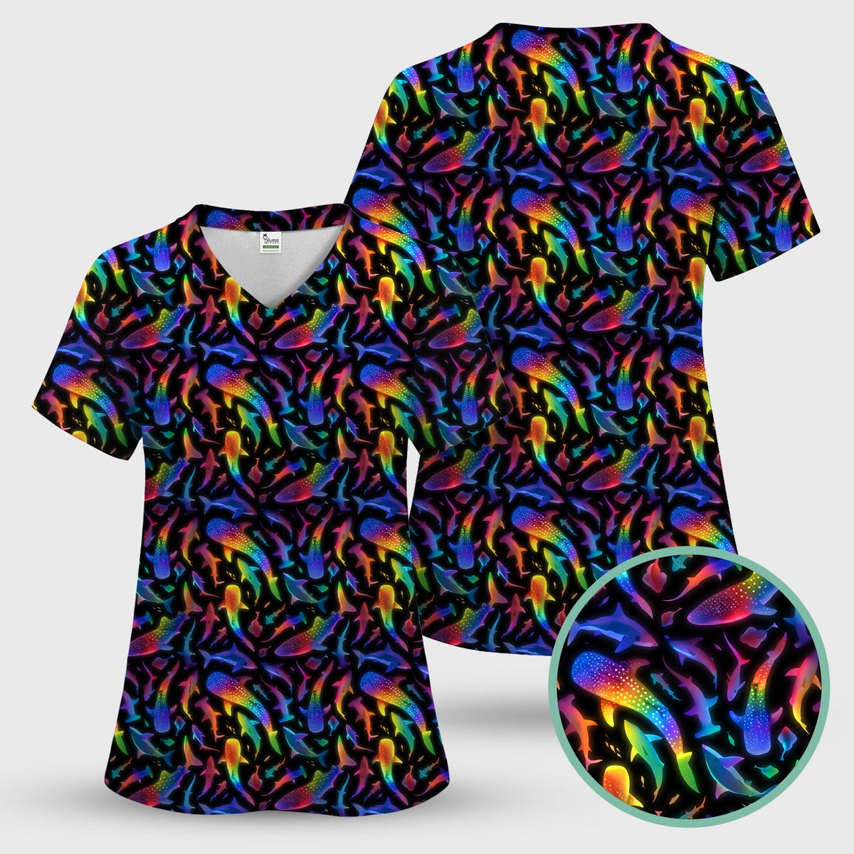 Vibrant Rainbow Shark Nurse Scrub Set