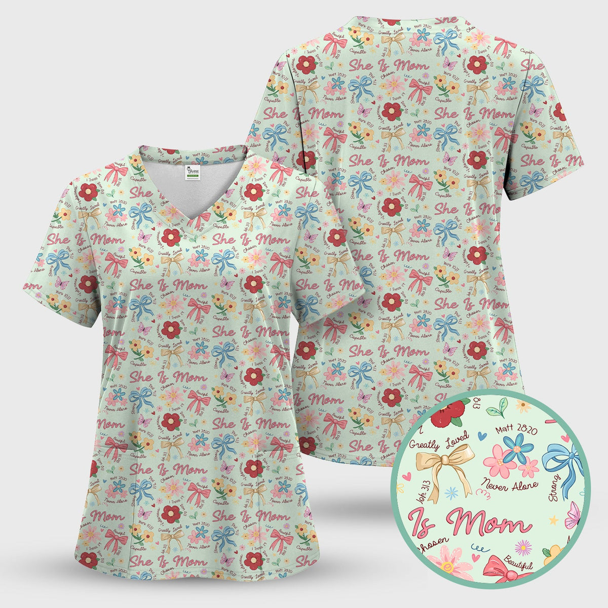 She Is Mom Floral Bow Nurse Scrub Top