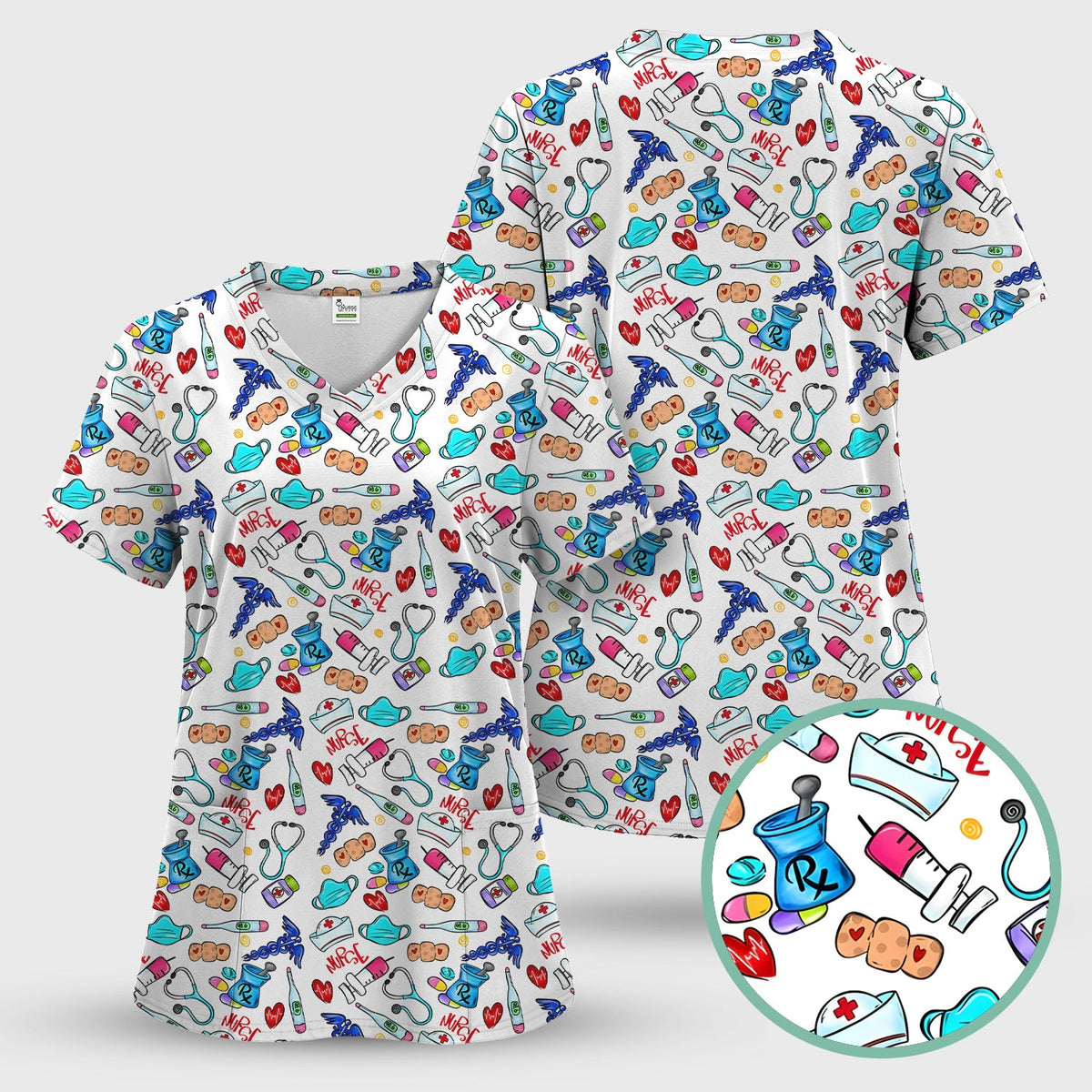 Nurse Medical Icons Stethoscope Heart Pattern Scrub Top, Comfortable Scrubs for Nurses
