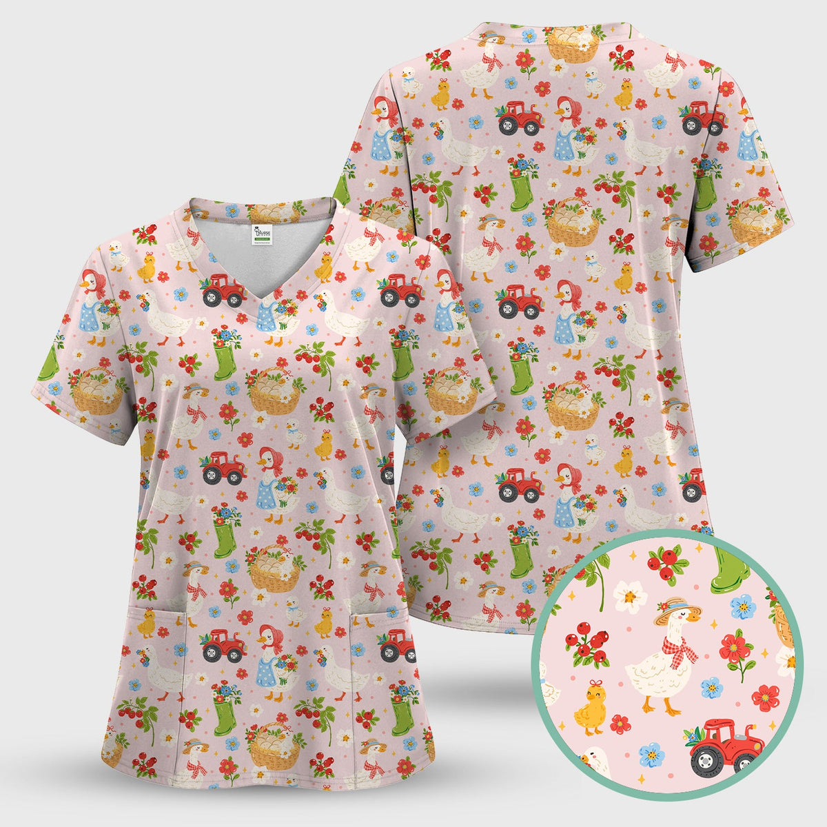Farm Duck Chicken Tractor Flower Basket Nurse Scrub Top