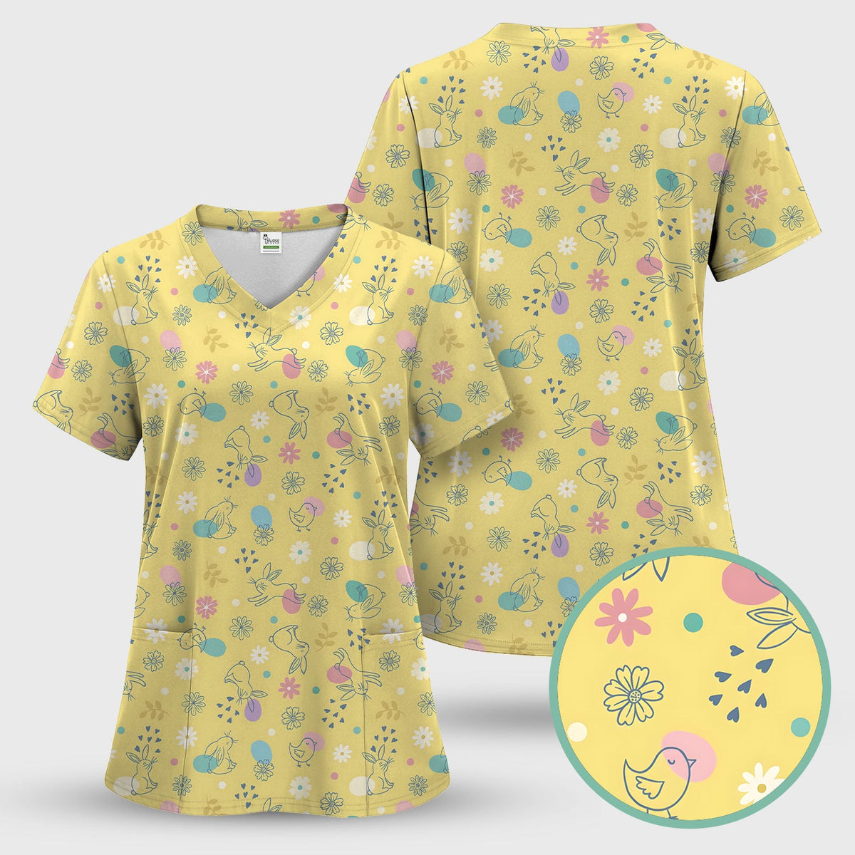 Whimsical Easter Bunny Eggs Nurse Scrub Top