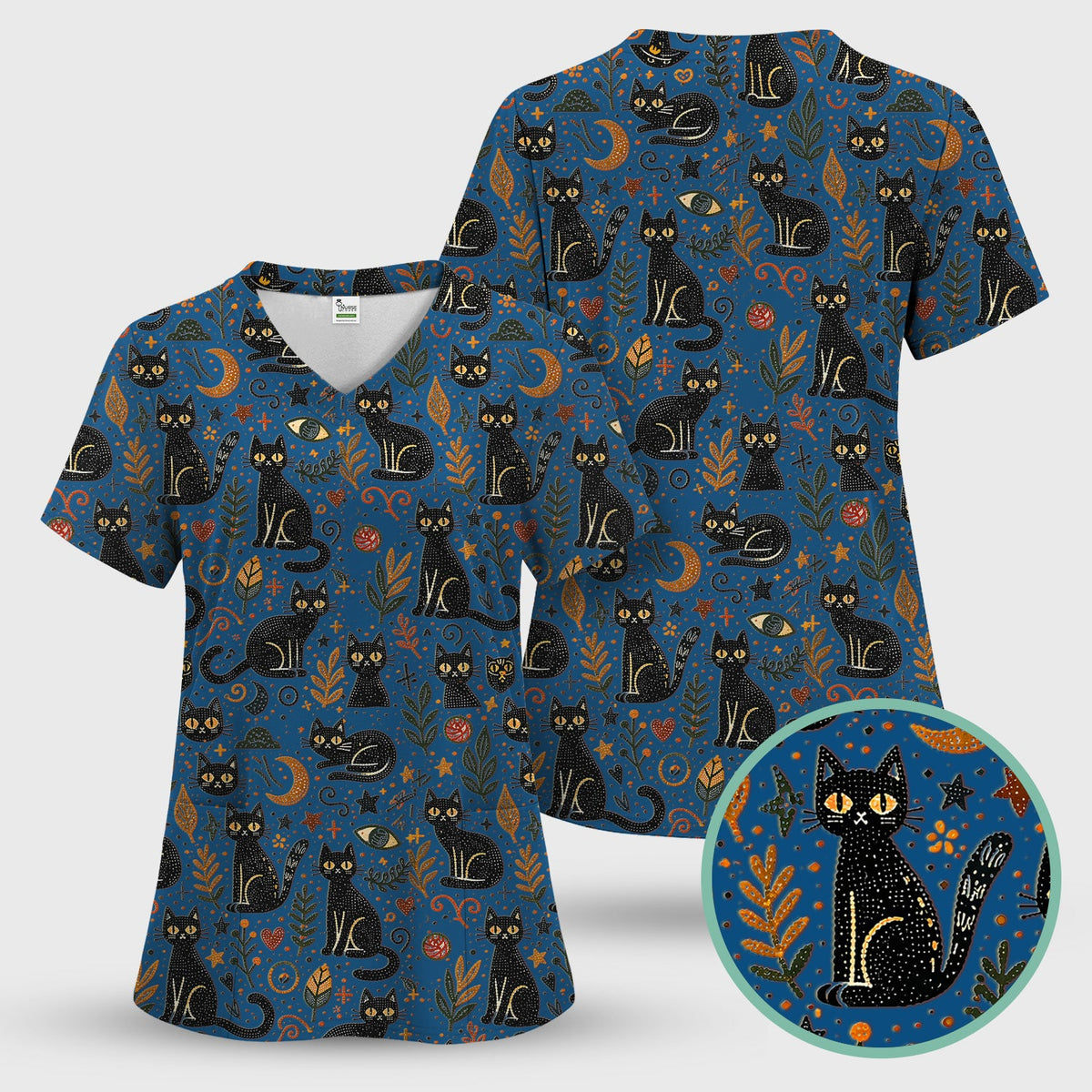 Mystic Black Cat Celestial Nurse Scrub Set