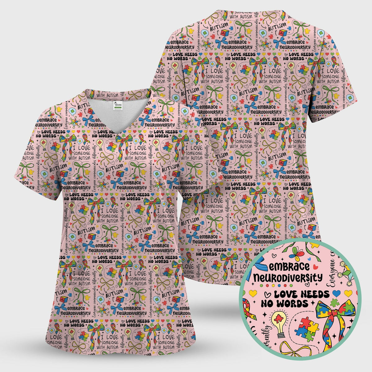 Autism Awareness Puzzle Ribbon Pastel Nurse Scrub Set