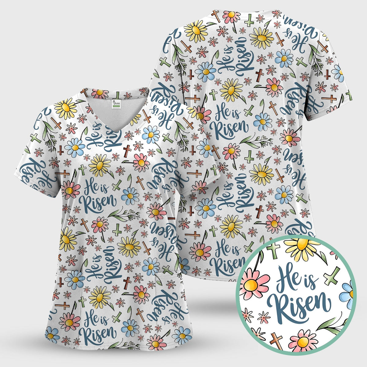 Risen Cross Flower Nurse Scrub Top - Easter Gift