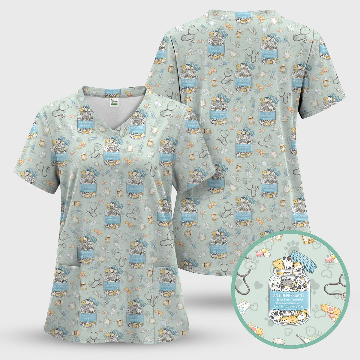 Cute Antidepressant Cat Jar Print Nurse Scrub Top, Breathable Fabrics Nursing Uniform
