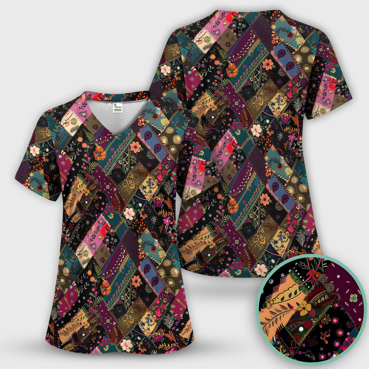 Colorful Bohemian Floral Patchwork Scrub Set, Scrub Pants and V Neck Top