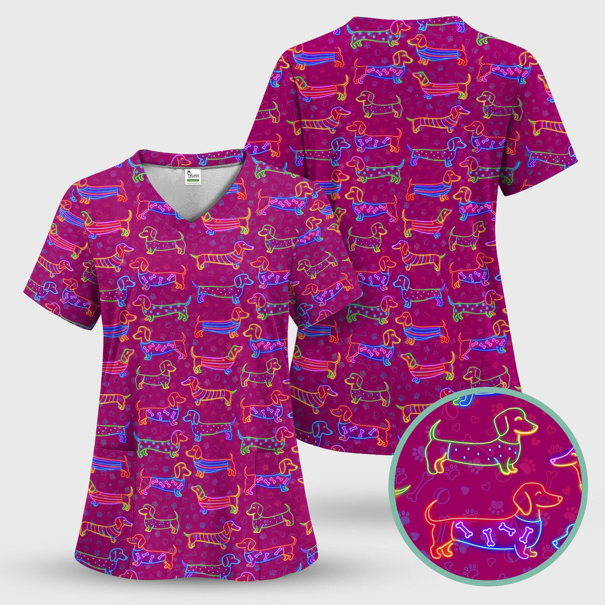 Neon Wiener Dog Nurse Scrub Top
