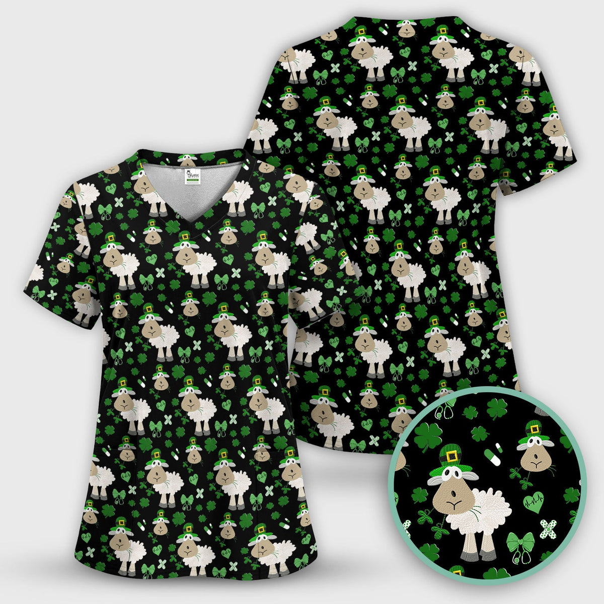 Nurse St. Patrick's Day Scrubs Top, Cute Sheep Shamrock Pattern Nurse Shirt, Breathable Fabrics Nursing Uniform