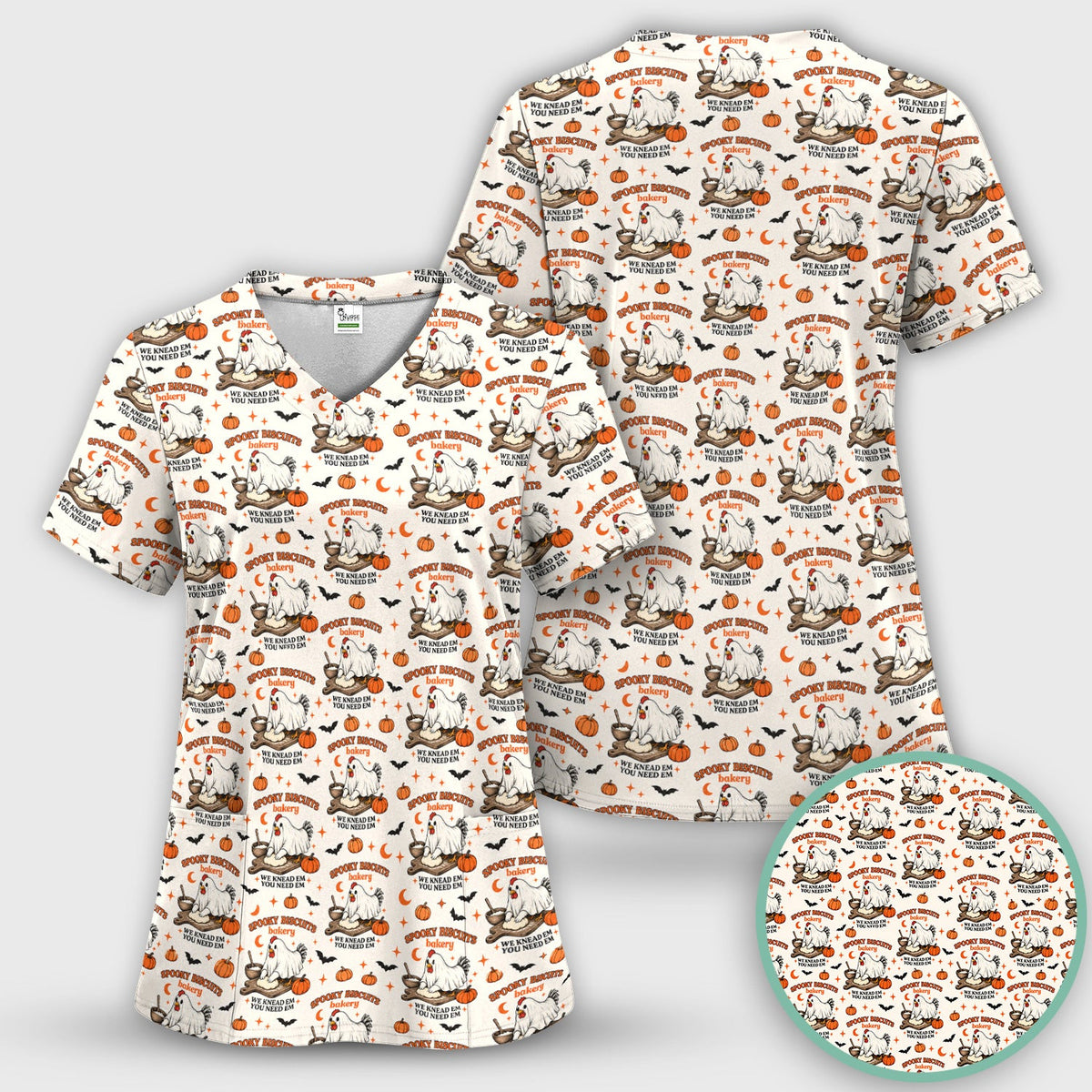 Spooky Biscuits Chicken Nurse Scrub Top - Halloween Gift