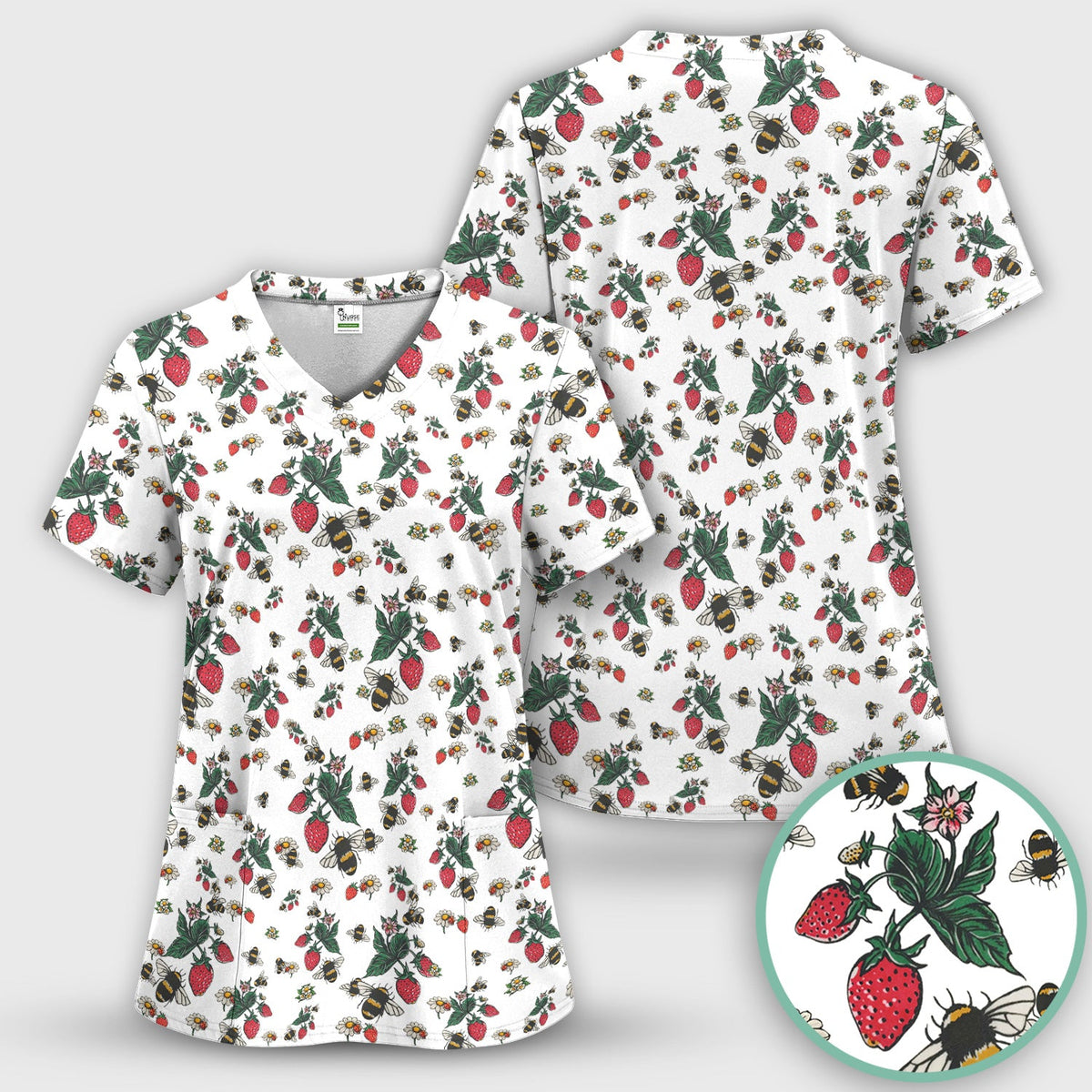 Strawberry Bee Daisy Nurse Scrub Top