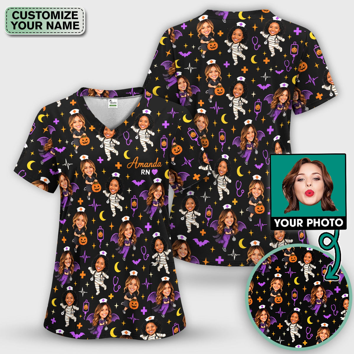 Personalized Halloween Photo Nurse Scrub Set