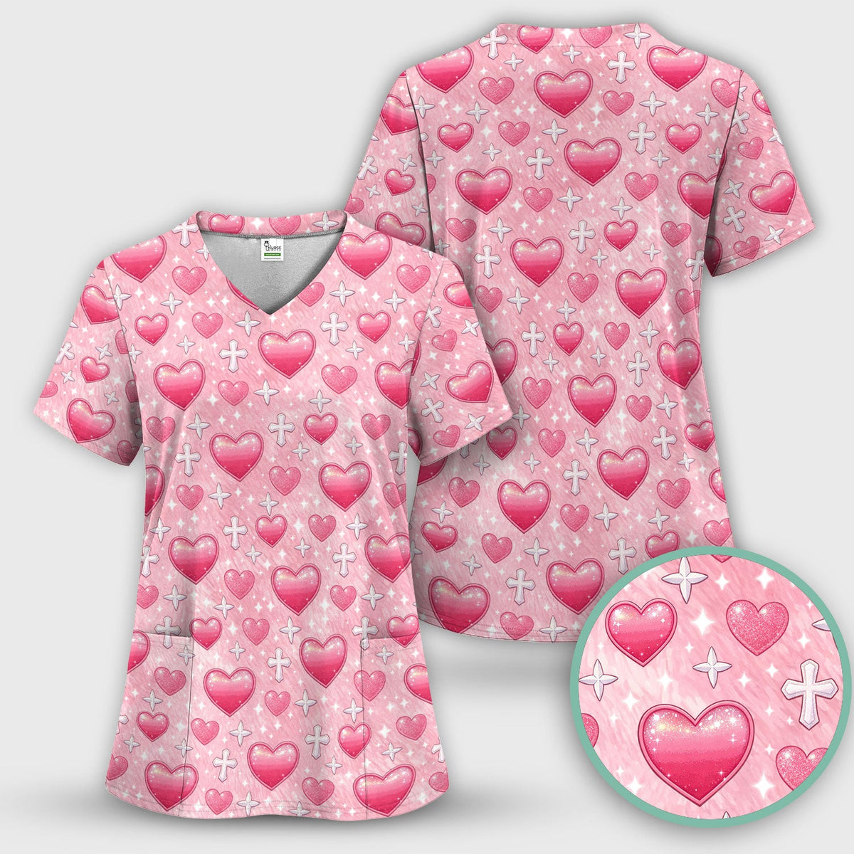 Pink Heart & Cross Pattern Scrub Set, Scrub Pants and V Neck Top