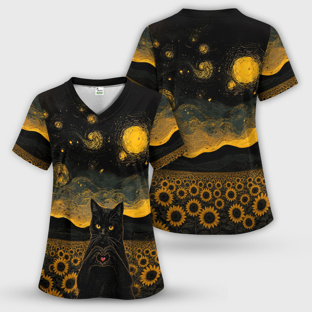 Cute Black Cat Sunflower Night Nurse Scrub Set