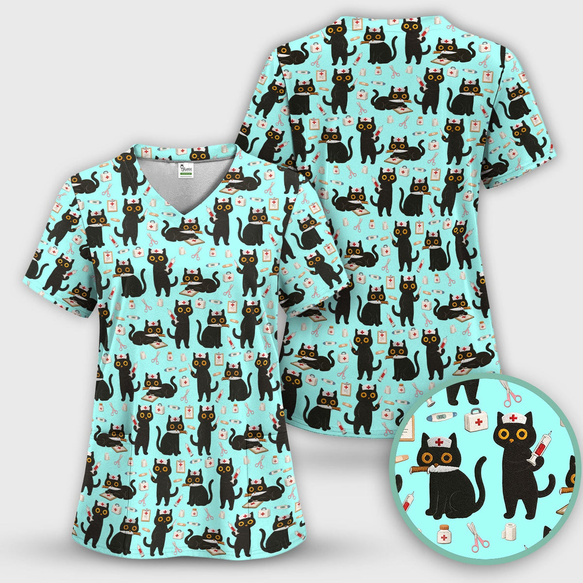 Cute Black Cat Nurse Scrub Top