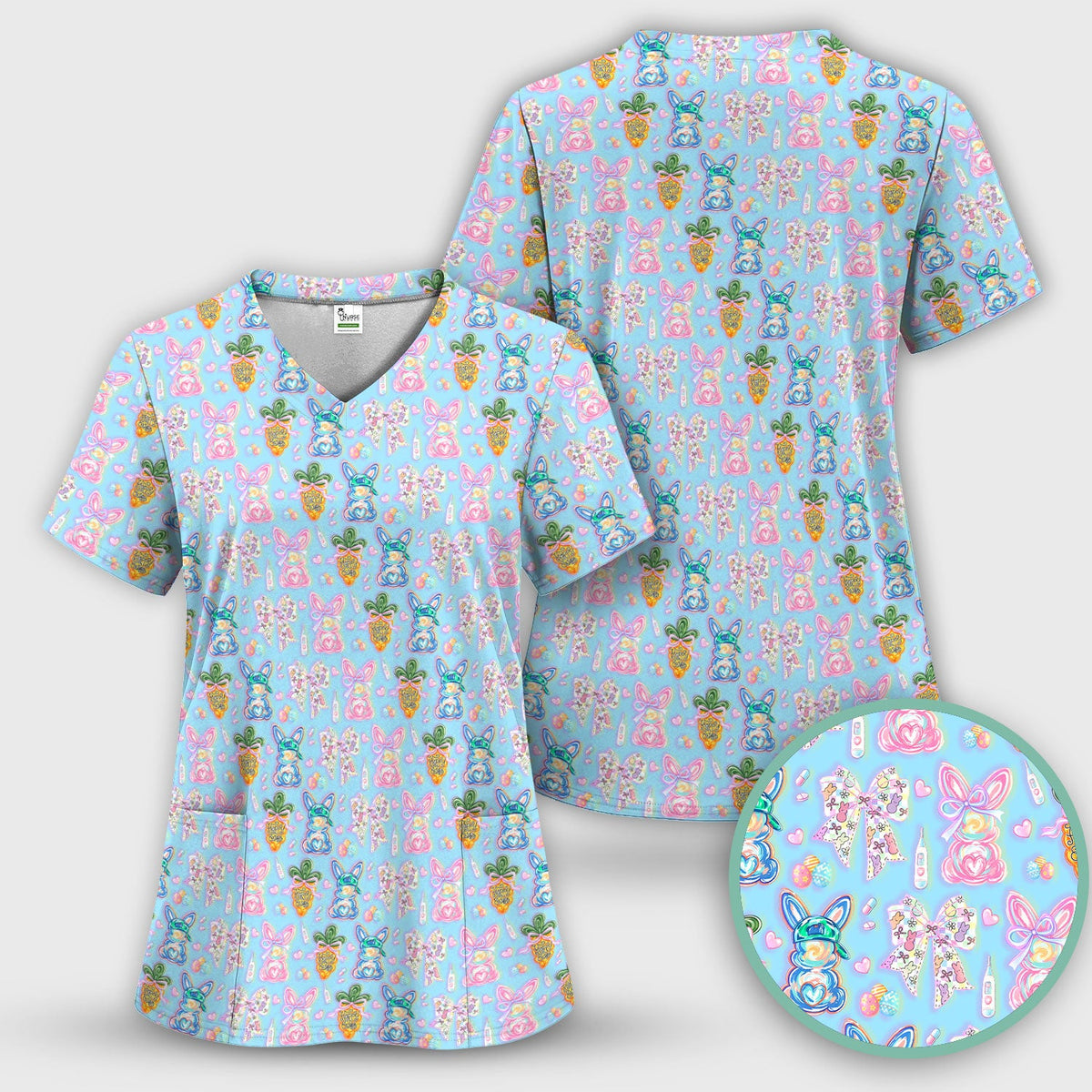 Bunny Carrot Bow Nurse Scrub Top - Easter Gift