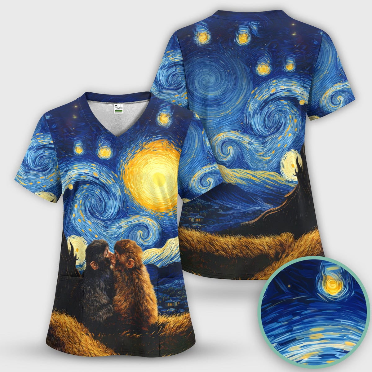Romantic Monkey Night Sky Nurse Scrub Top