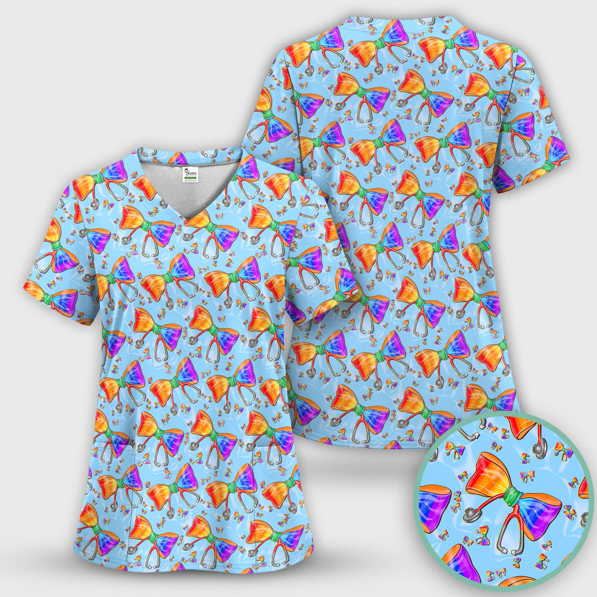 Colorful Rainbow Bow Stethoscope Nurse Scrub Top