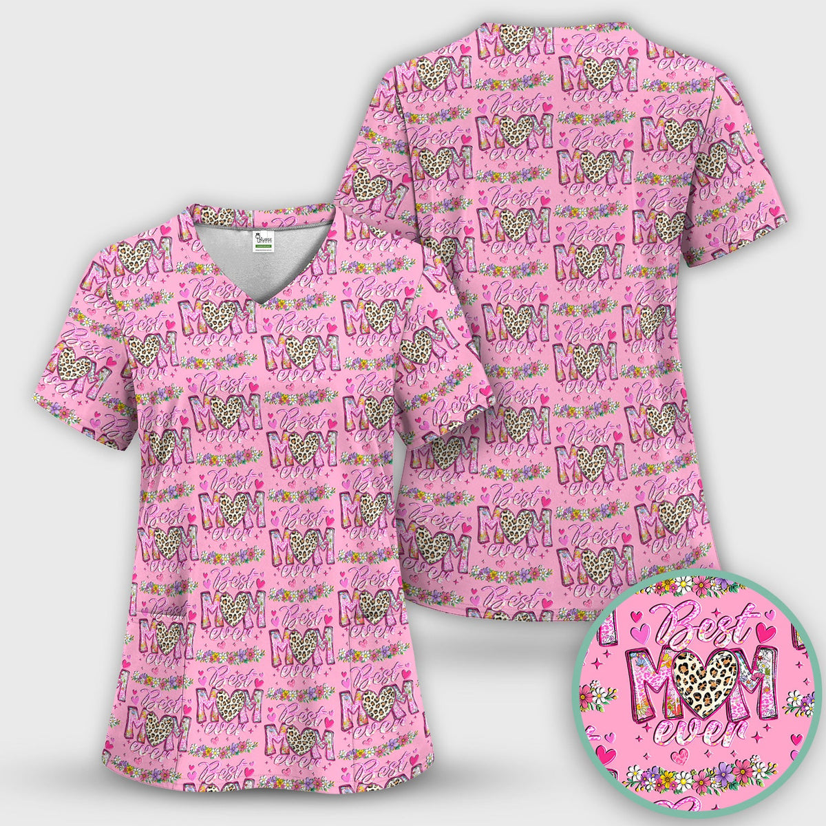 Best Mom Ever Leopard Heart Nurse Scrub Set