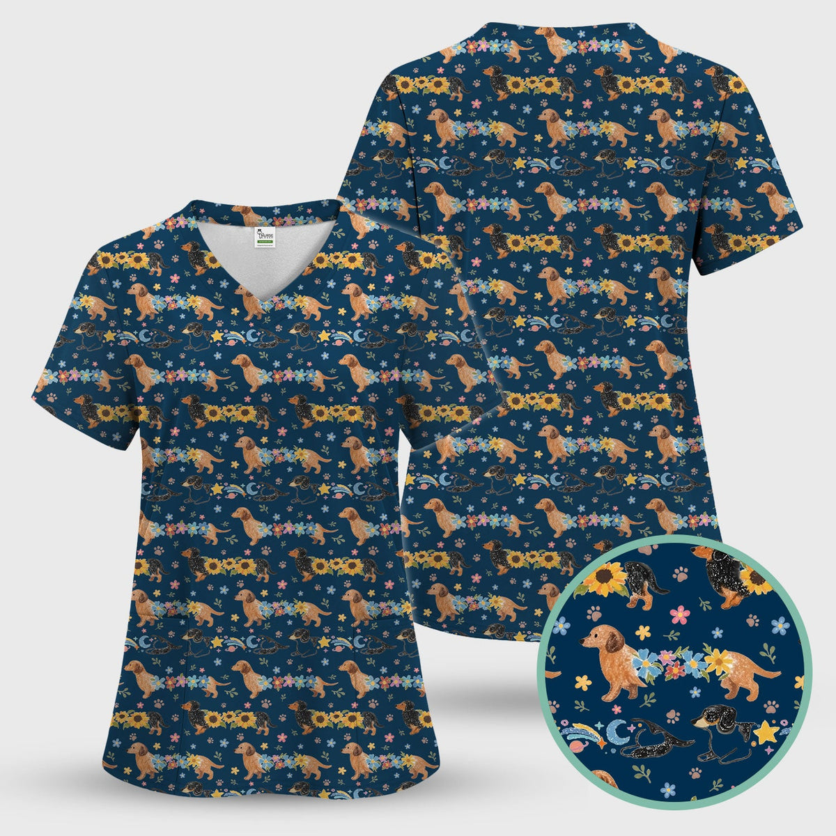 Floral Wiener Dog Nurse Scrub Top
