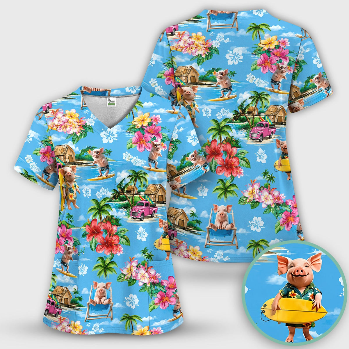 Tropical Surfing Pig Beach Nurse Scrub Top